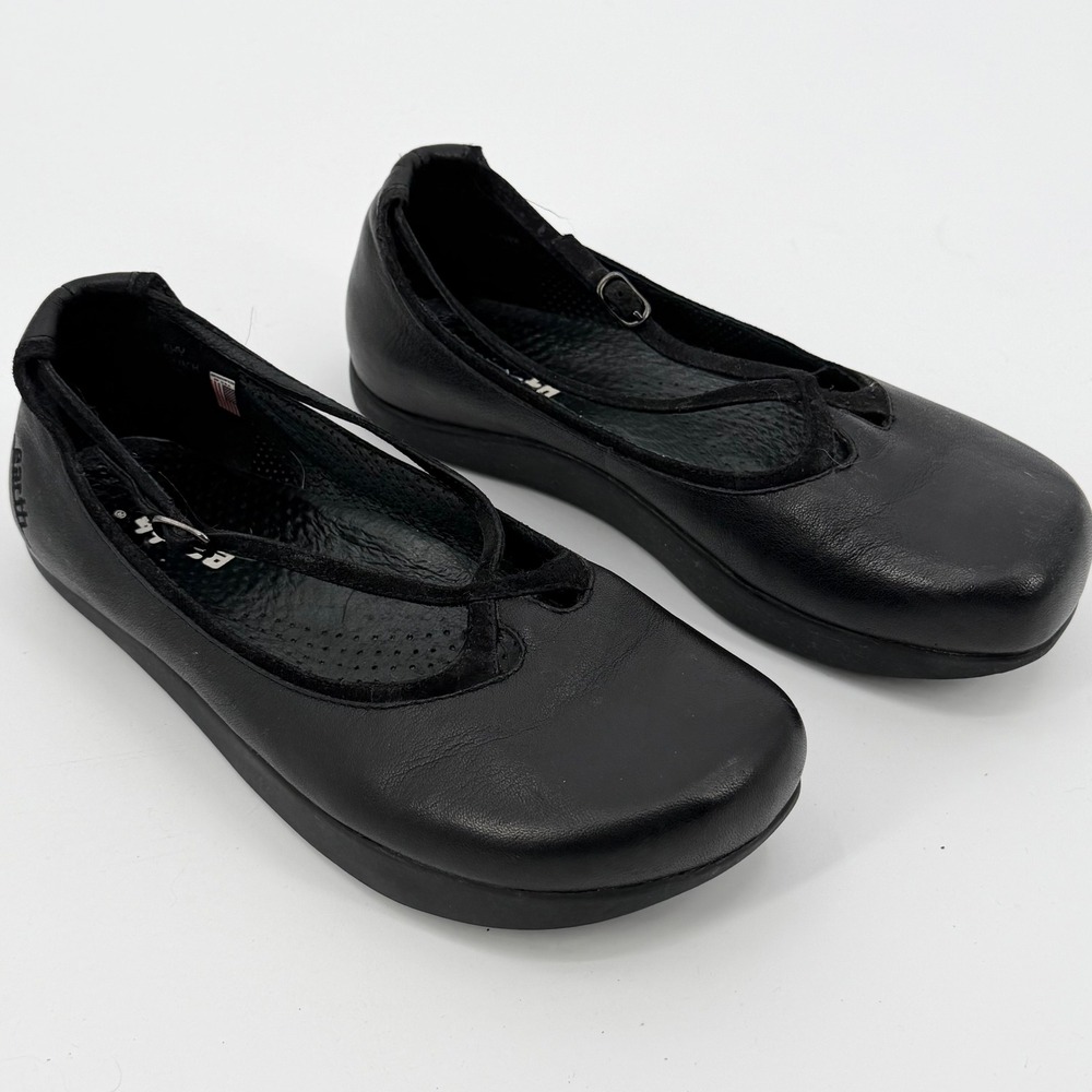 Earth Sky Black Leather Mary Jane Flats Comfort Ergonomic Shoes Womens 7B